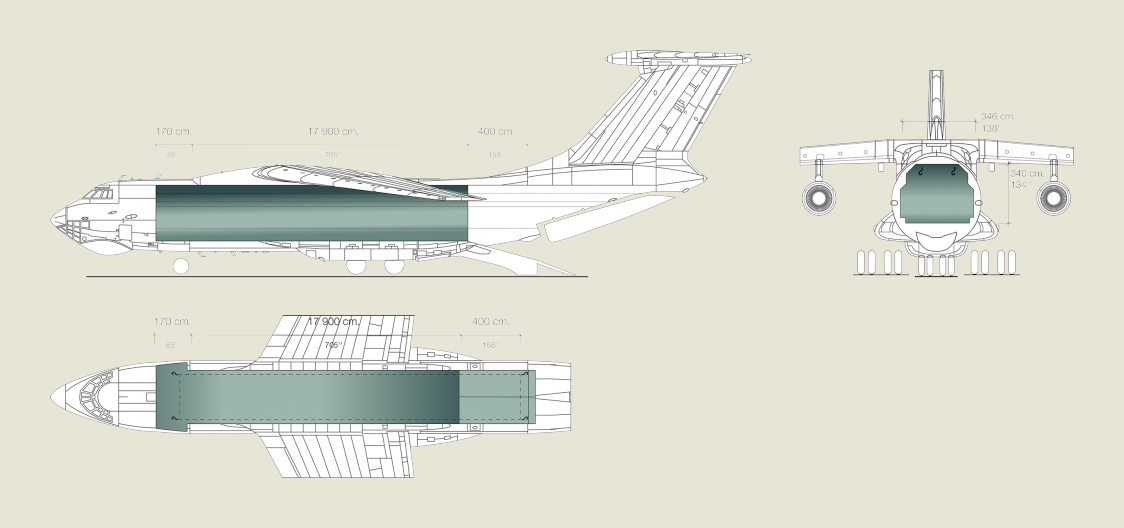 Схема грузовой кабины самолета Ил-76 с размерами.